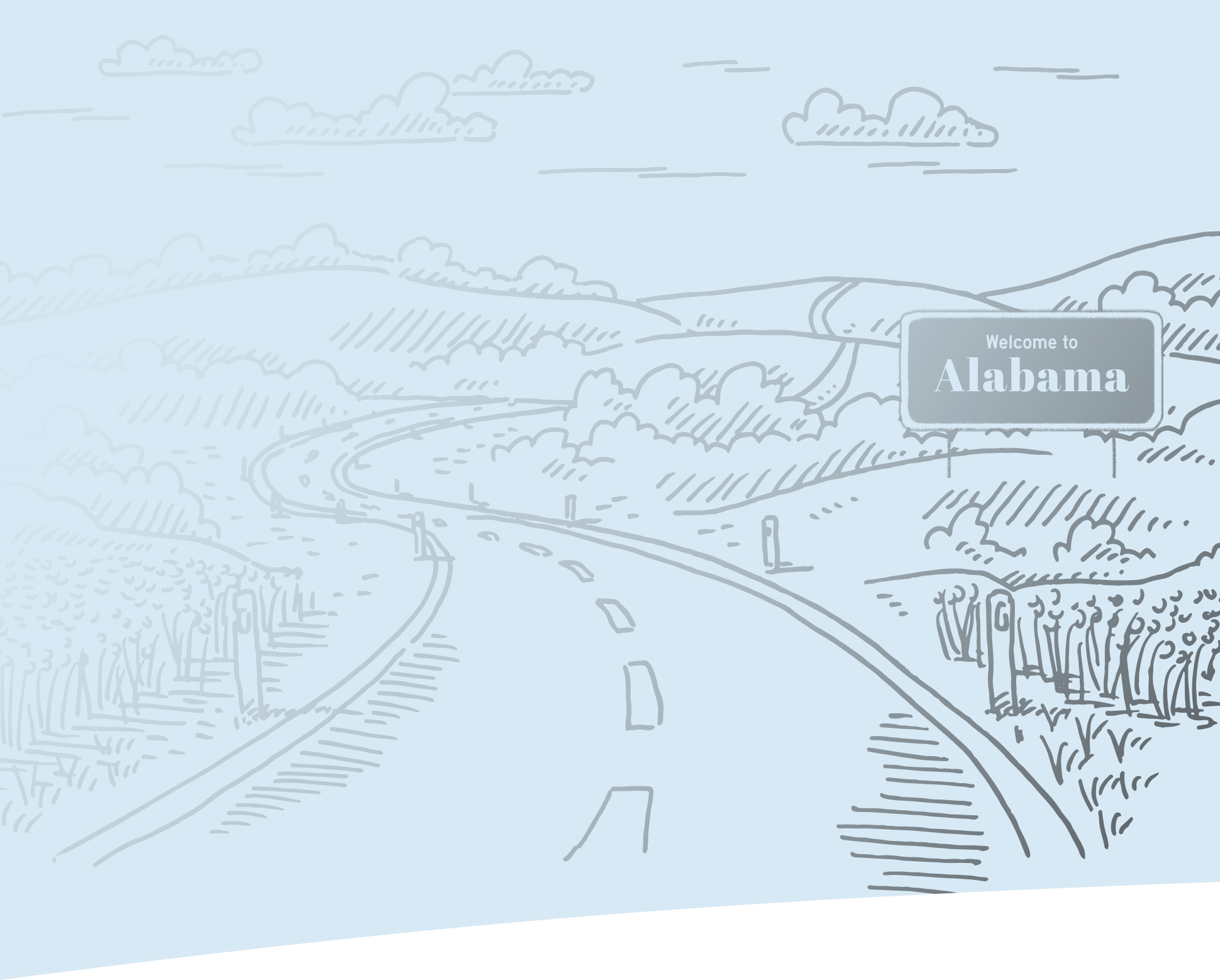A sketch image of a road with a Welcome to Alabama Sign 